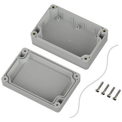Two-part enclosure case, opened, with screws and sealing ring. Suitable for housing electronic components.
