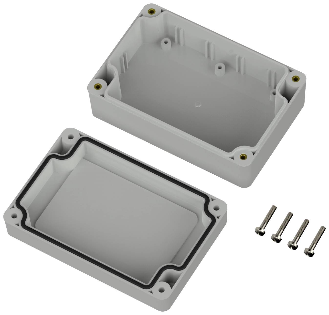 Plastic enclosure, two-part, open, with four screws. Suitable for electrical components or circuits.