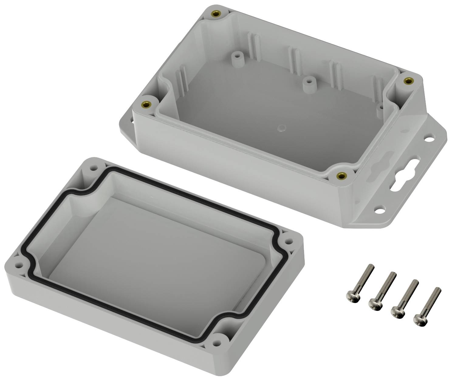 A grey plastic enclosure consisting of two parts, including an outer shell and a removable lid, with four screws beside it.