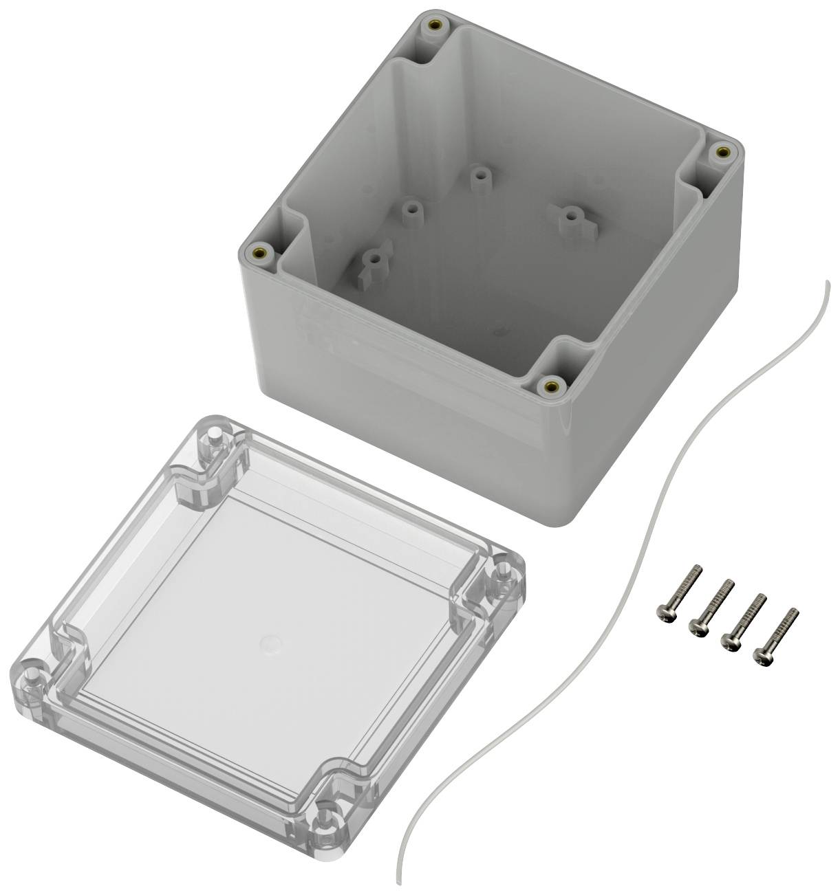 Grey plastic enclosure with removable, transparent lid, four screws and seal, for electrical wiring or mounting.