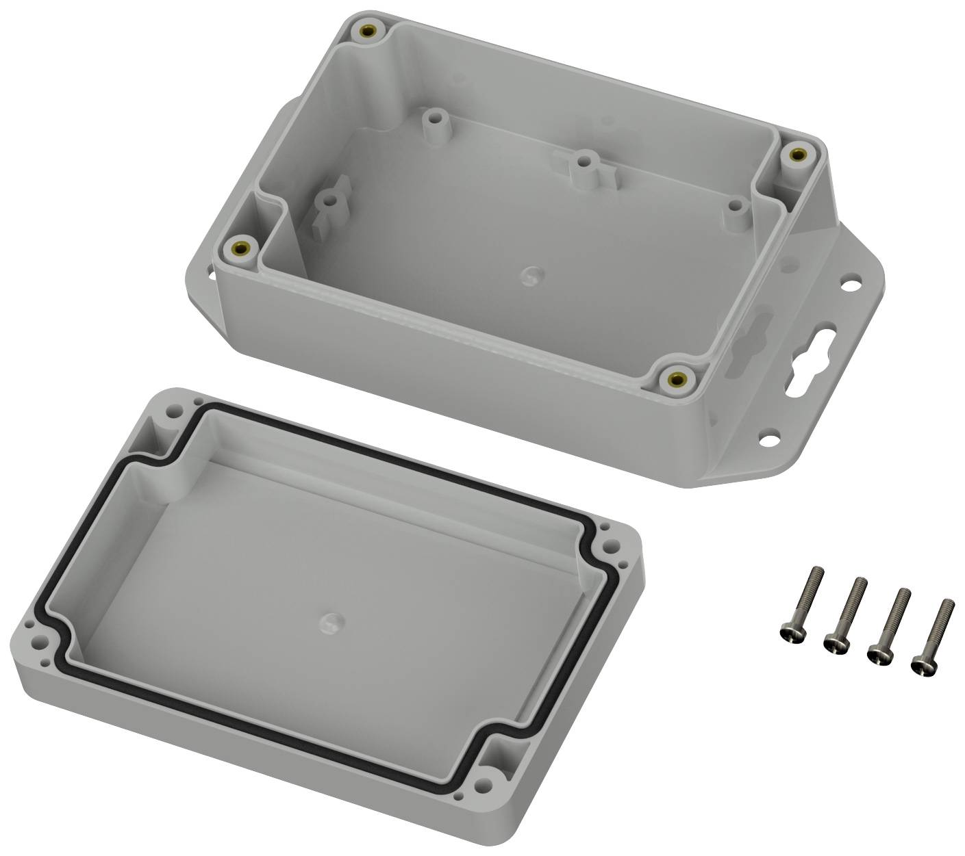 Grey rectangular plastic enclosure with removable lid; four screws are placed beside it. Suitable for electronic projects.