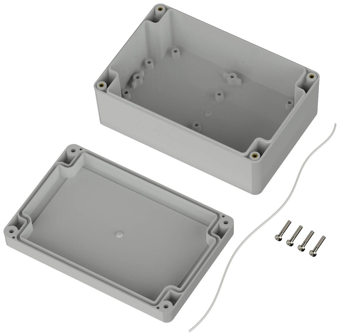 Housing box made of grey plastic with removed cover, four screws and a sealing cord for secure fastening.