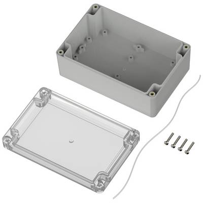 A rectangular grey plastic box with a removable, transparent lid and accompanying screws for assembly.
