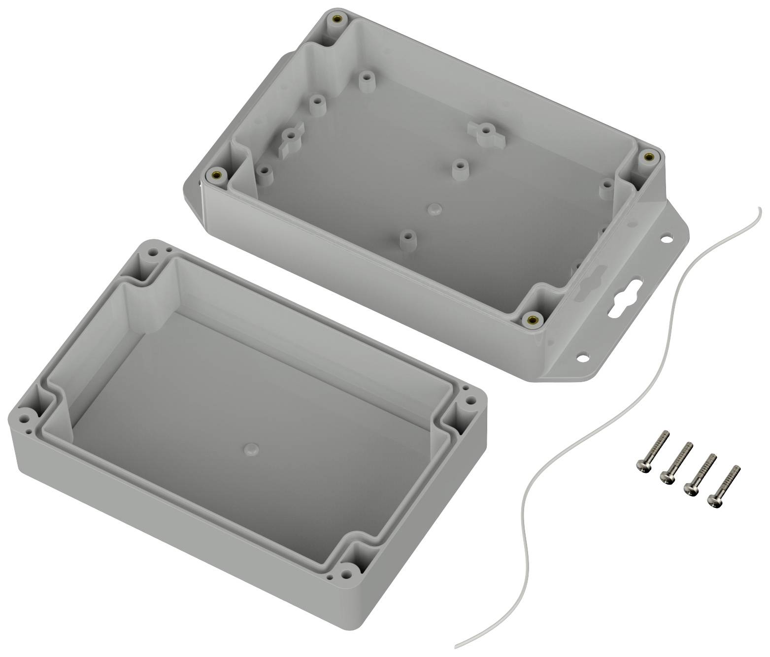 Grey, two-part plastic enclosure with screws and sealing cord, designed for electronic components.