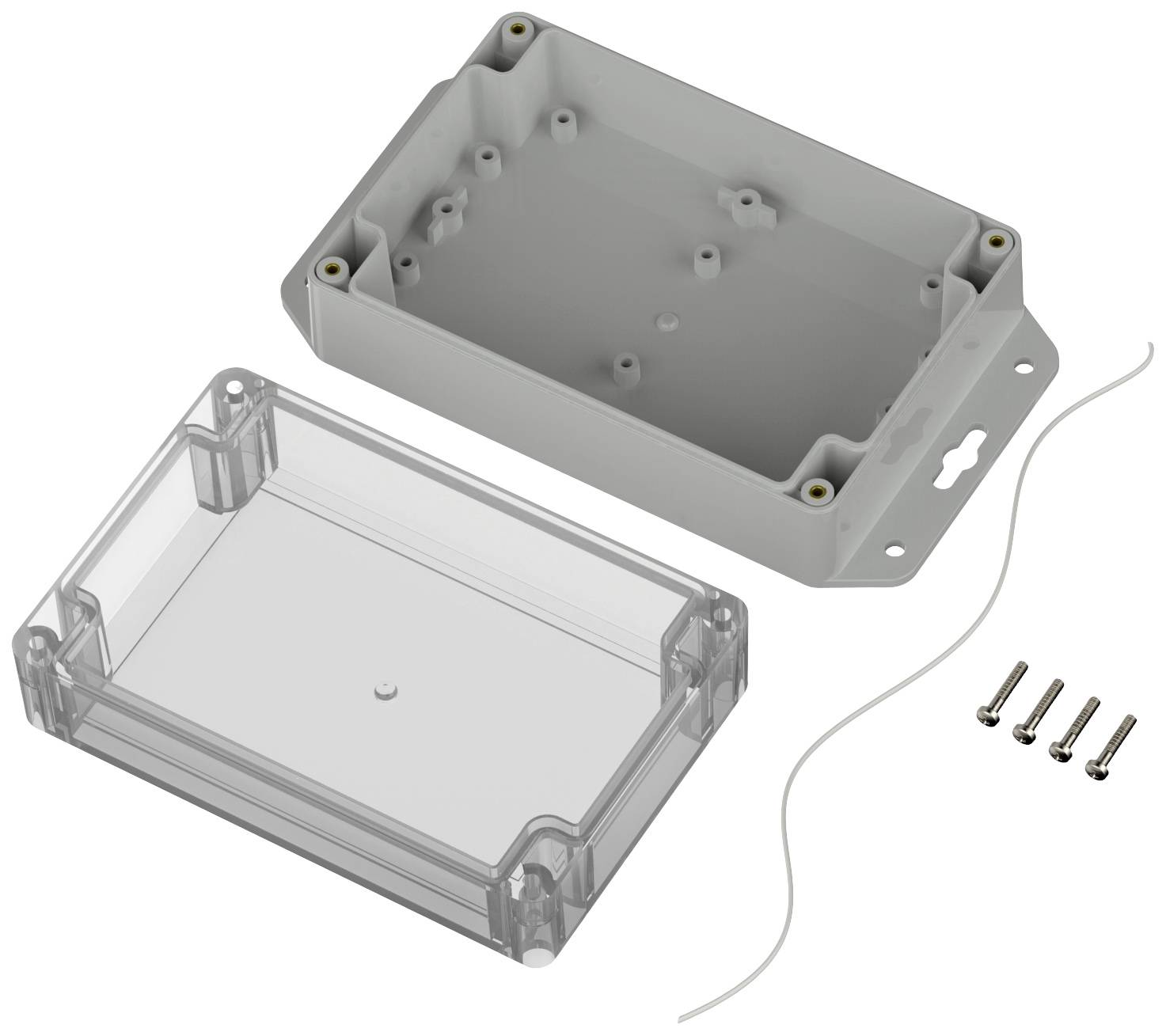 The figure shows a rectangular, grey electronics enclosure with a removable, clear lid, four screws, and a white wire.