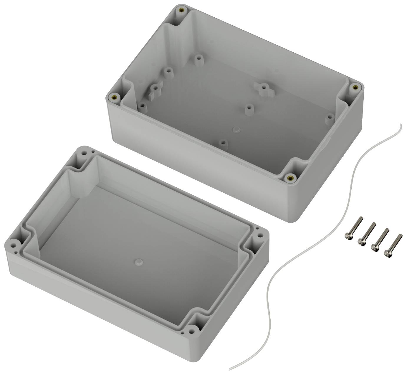 Plastic enclosure in two parts with screws and sealing cord, suitable for electronic devices or protection of components.