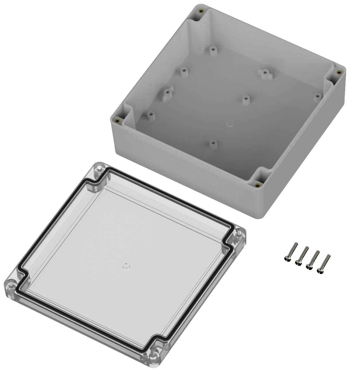 Grey electronics enclosure with transparent lid and four screws; suitable for electronic components.