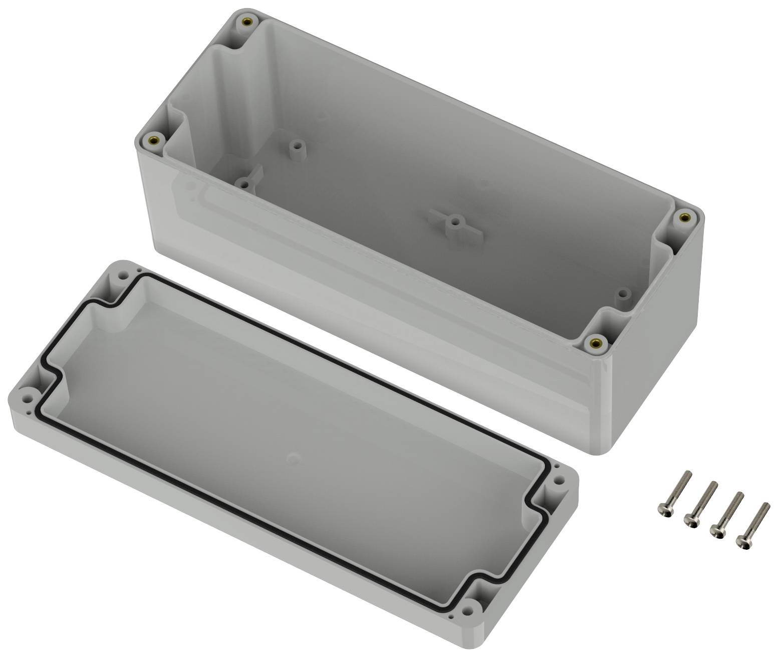 Electronic enclosure, rectangular, two-piece. The open lid reveals the inner side. Four screws are placed beside it.