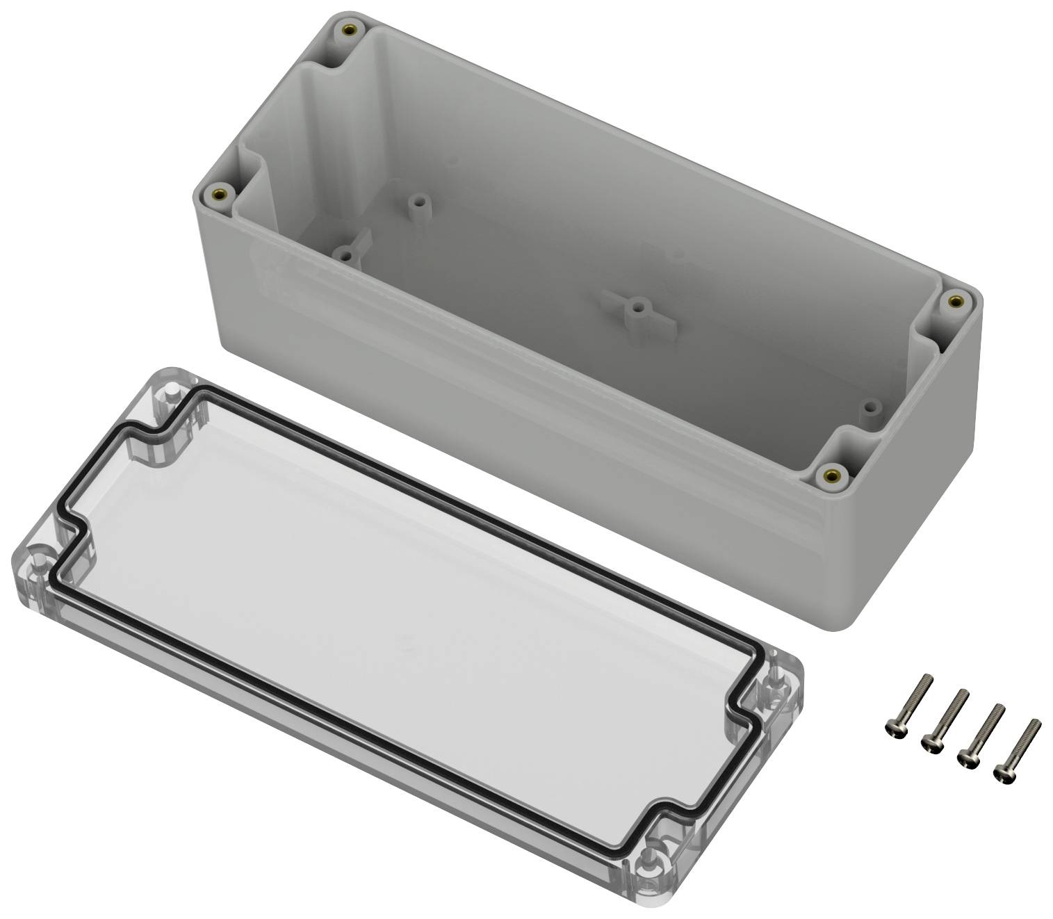Housing Set: grey rectangular plastic housing with removable transparent cover, including gasket and four screws.