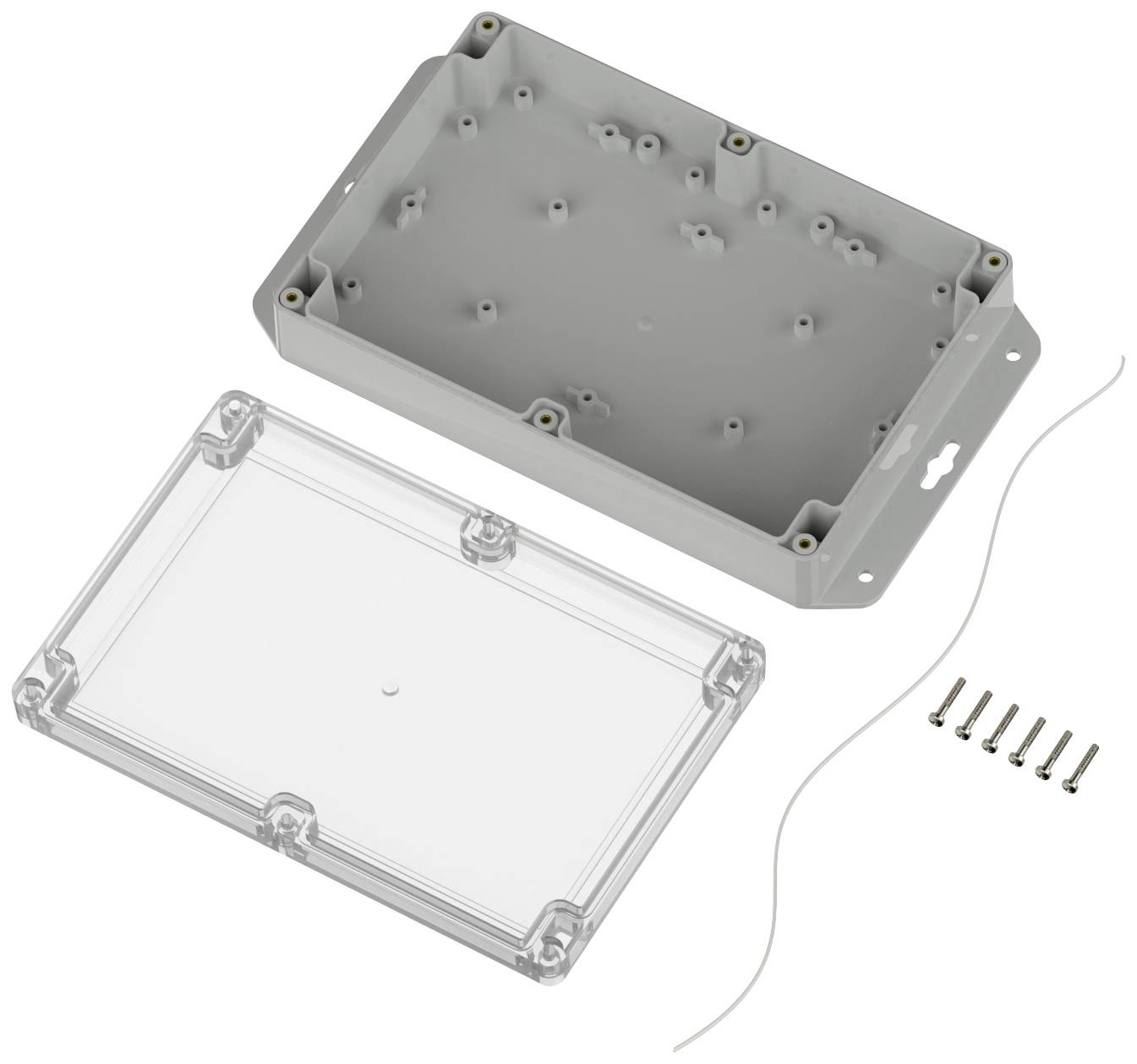 Plastic enclosure, two-piece. Upper section transparent, lower section grey. Includes screws and sealing ring.