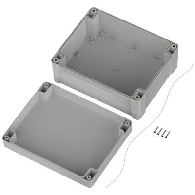 Grey rectangular plastic enclosure, consisting of two parts, lid and base, with four screws and a seal. Designed for electronic projects.
