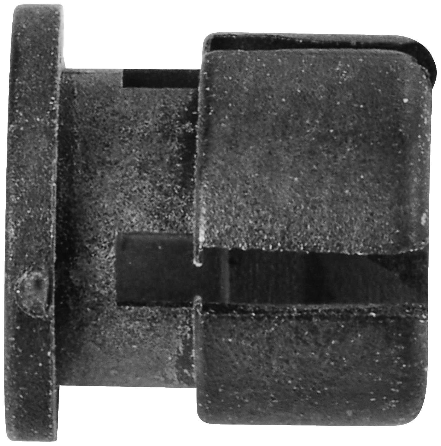 Black metal plug with two grooves, cylindrical in shape, viewed from the side. Serves as a connecting element or mounting bracket.