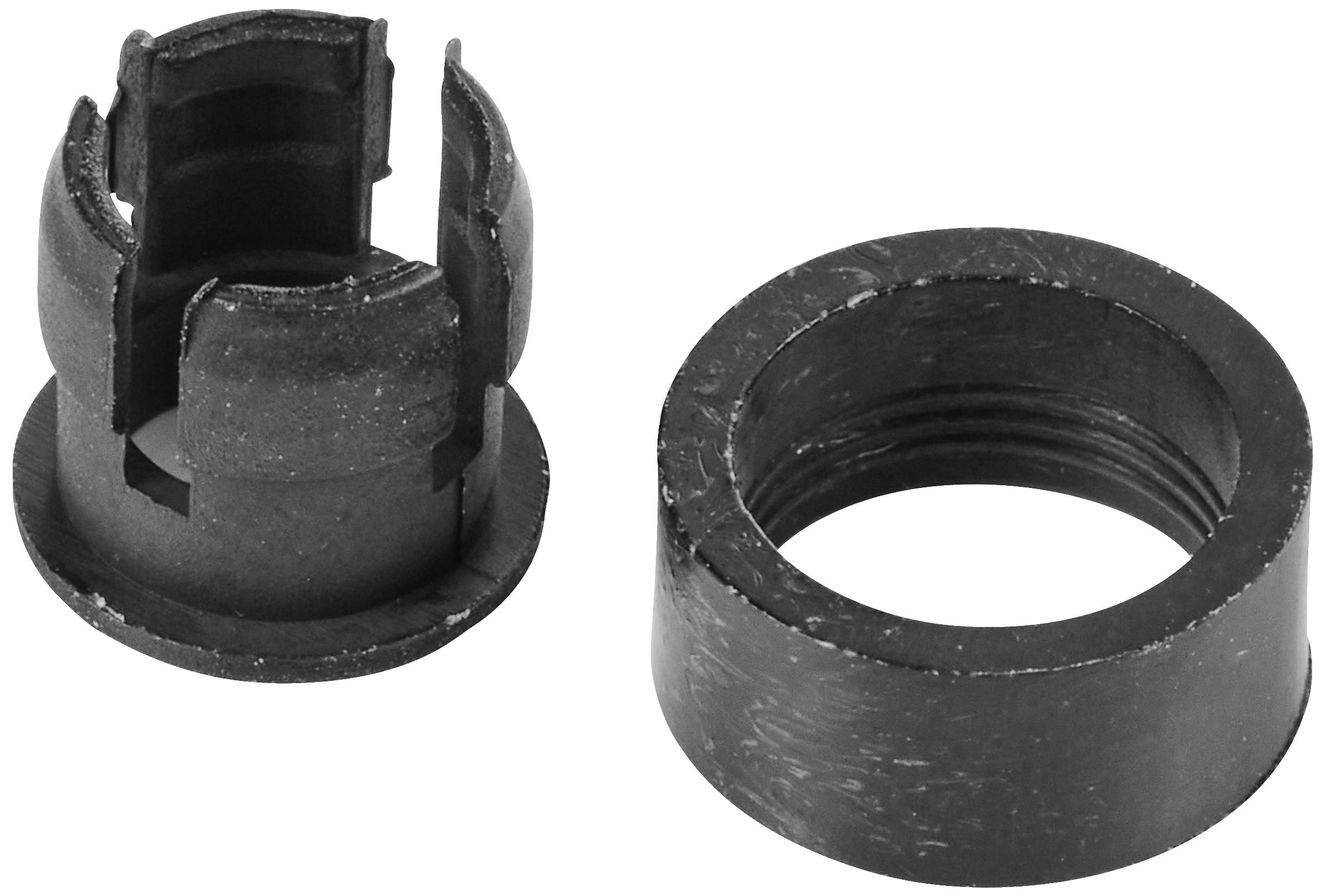 Two black metal components: on the left, a slotted cage nut, on the right, a round threaded sleeve.