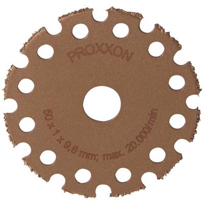 'PROXXON Grinding Disc with Teeth, 50 x 1 x 9.6 mm, max. 20,000/min. Brown disc with round holes around the edge.'