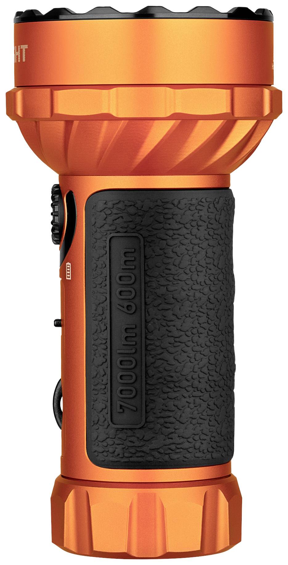 An orange torch with a black rubber-coated handle. On the handle is written '7000lm 600m'.<br><br>Note: In British English, a "flashlight" is typically called a "torch", and the specifications would use the same numerical units (lumens and metres).