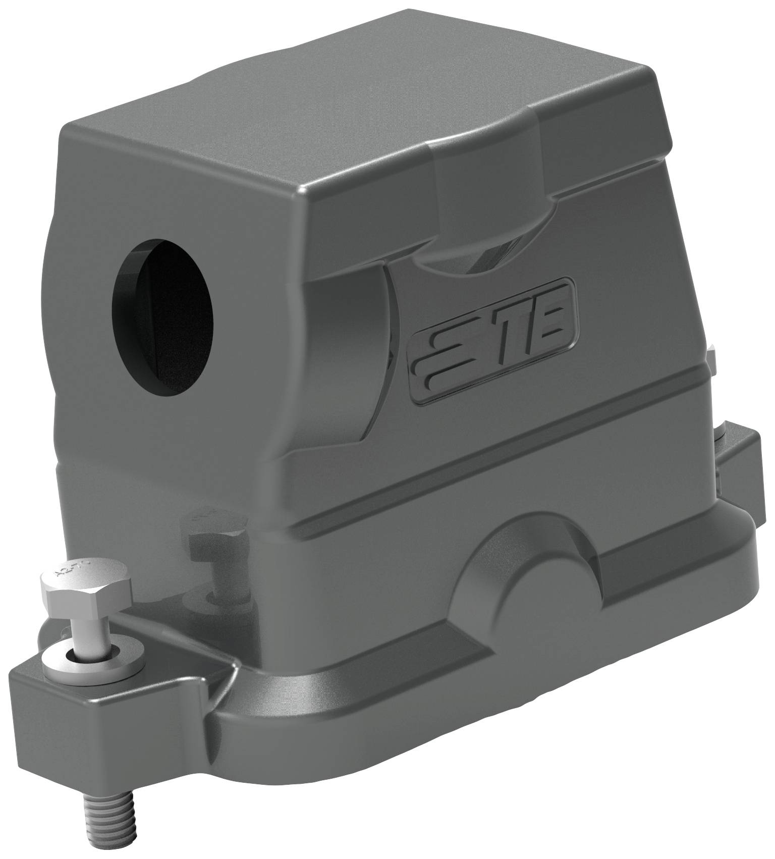 Grey, rectangular enclosure with rounded corners and screws. An opening on the side, possibly for cable connections.