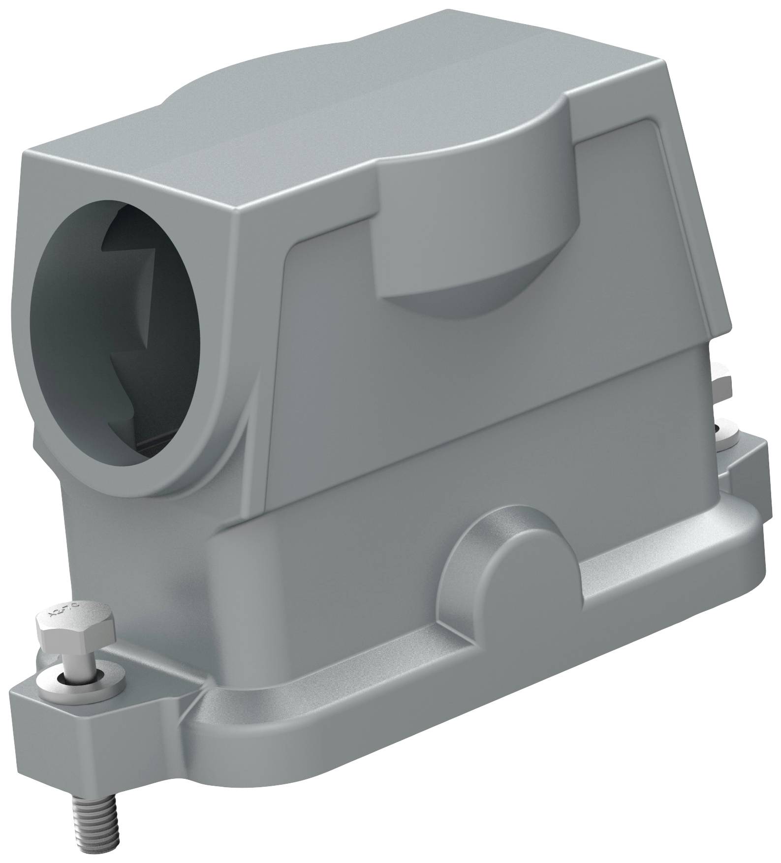 Grey industrial socket housing with cap, mounting screws and connection opening, suitable for industrial applications.