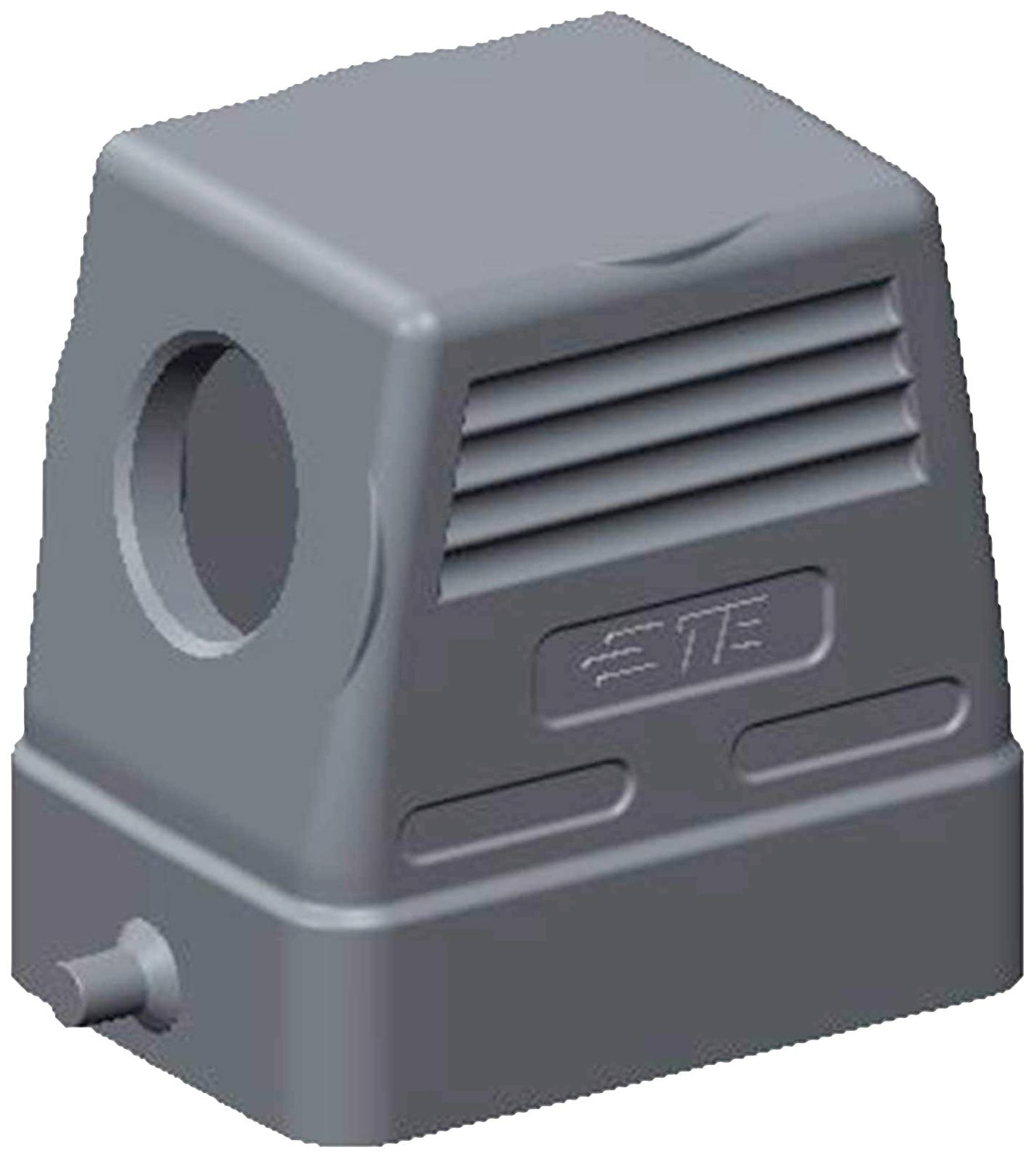 Grey rectangular plastic body with ventilation slots and rounded edges. Side opening visible.