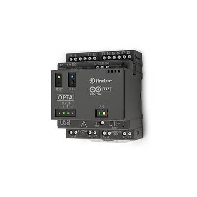 'Finder Opta' control unit with indicator lights and connections. Labels: 'RESET', 'STATUS', 'USER' and 'LAN'.