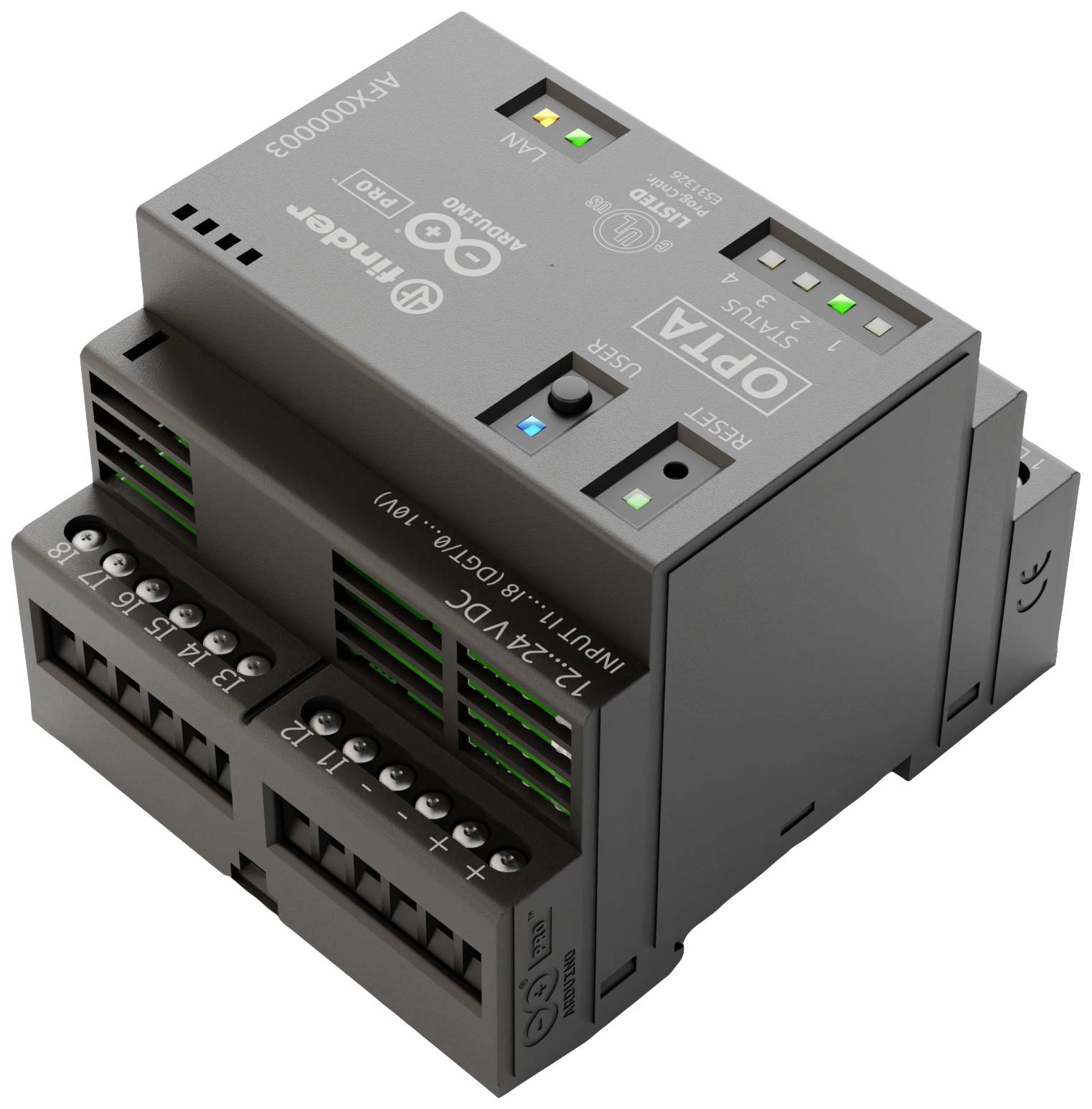 Industrial control unit with multiple ports, LED indicators, and reset button. Suitable for automated systems.