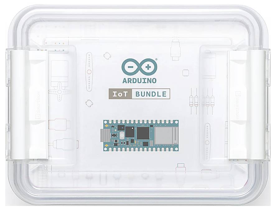 A plastic box containing an Arduino IoT Bundle. The lid features the Arduino logo and the word 'BUNDLE'.
