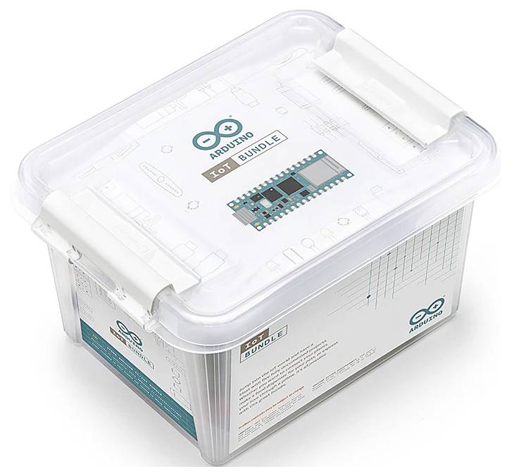 Clear plastic box with the 'Arduino' logo and the label 'IoT Bundle' on the lid. Contains electronic components for IoT projects.