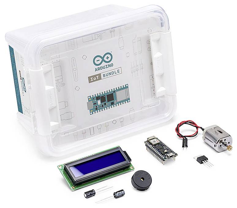 Arduino IoT bundle with transparent case, display, microcontroller and electronic components for DIY projects.