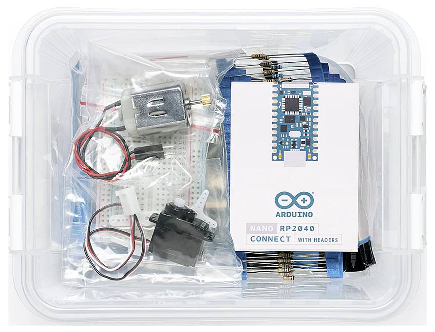 A box containing electronic components, including a mini board labelled 'Arduino Nano RP2040', cables, and motors.