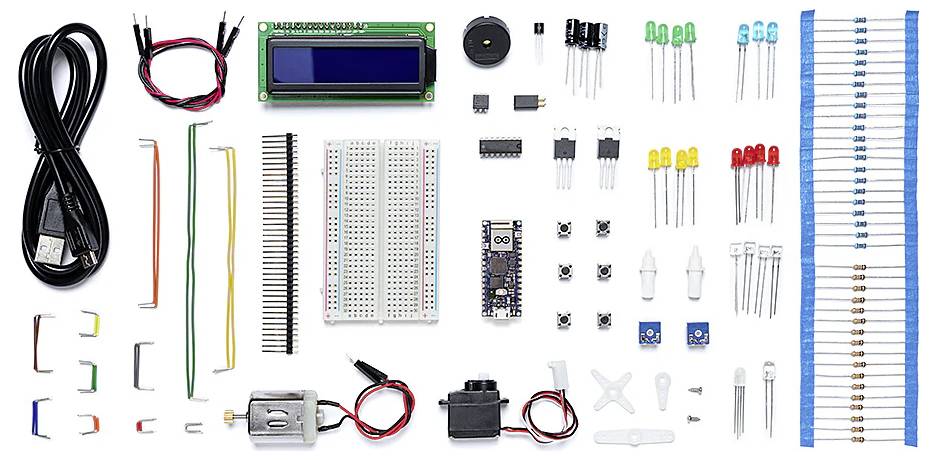 Electronic starter kit with a USB cable, breadboard, display, LEDs, resistors, motor, buttons, and various cables.