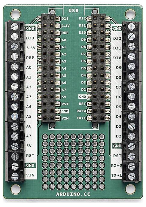 A green Arduino breakout board with a black pin header, marked with pins such as A0-A5, D12-D13, GND and USB port at the top.