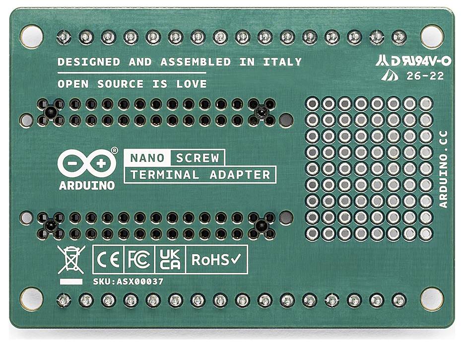 'Reverse side of an Arduino Nano Screw Terminal Adapter Board with the inscription 'Designed and Assembled in Italy. Open Source is Love'.'