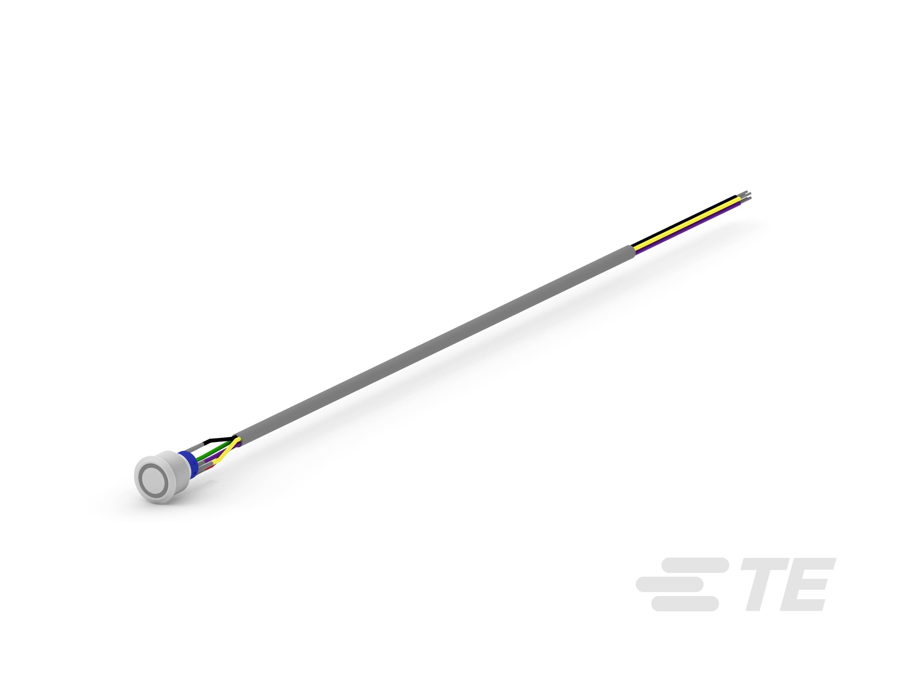 A long, grey cable strand with a round sensor at one end. Multicoloured wires protrude from the sensor.