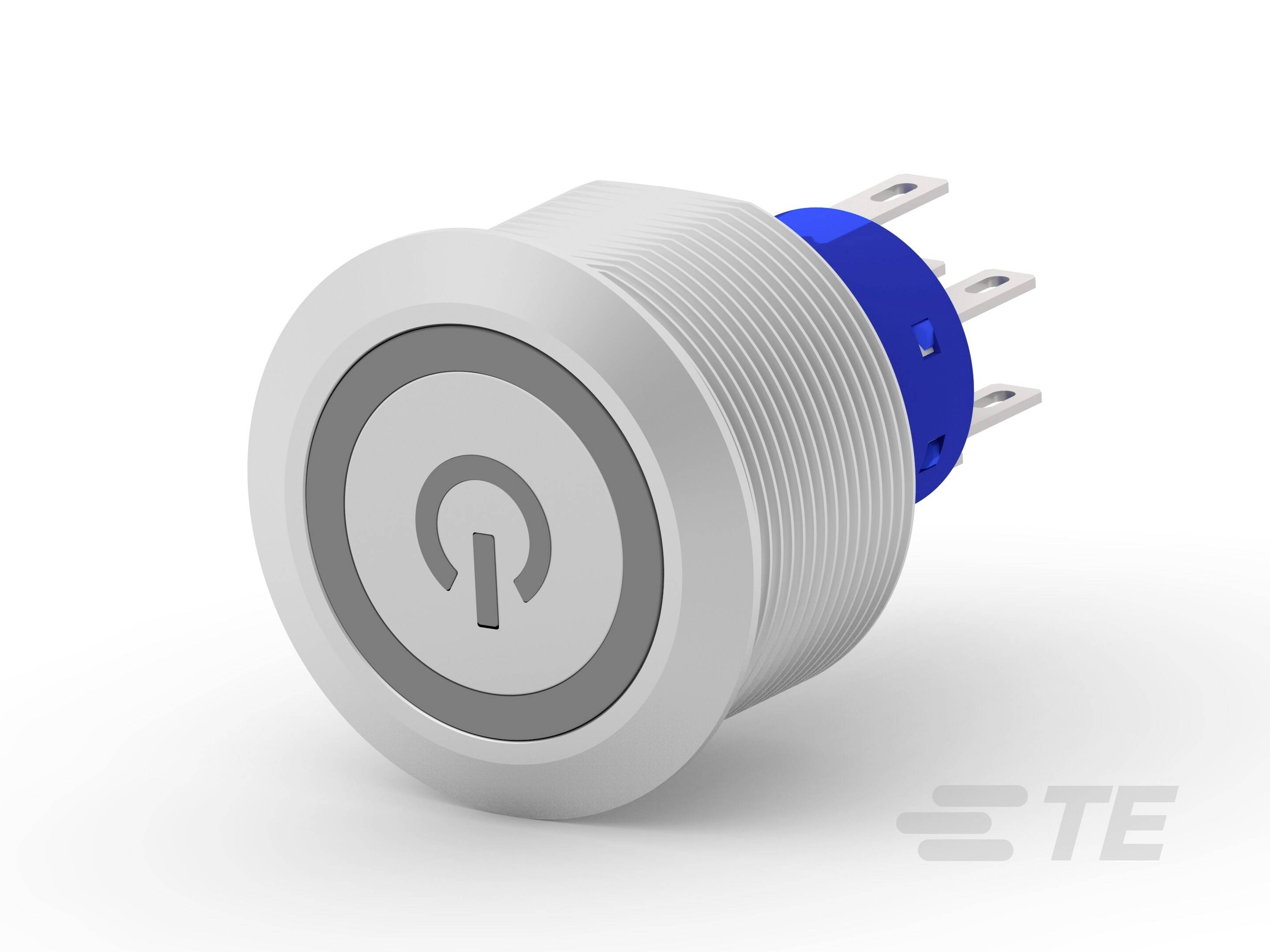 A silver push switch with a power symbol on the front and three blue connections on the rear.