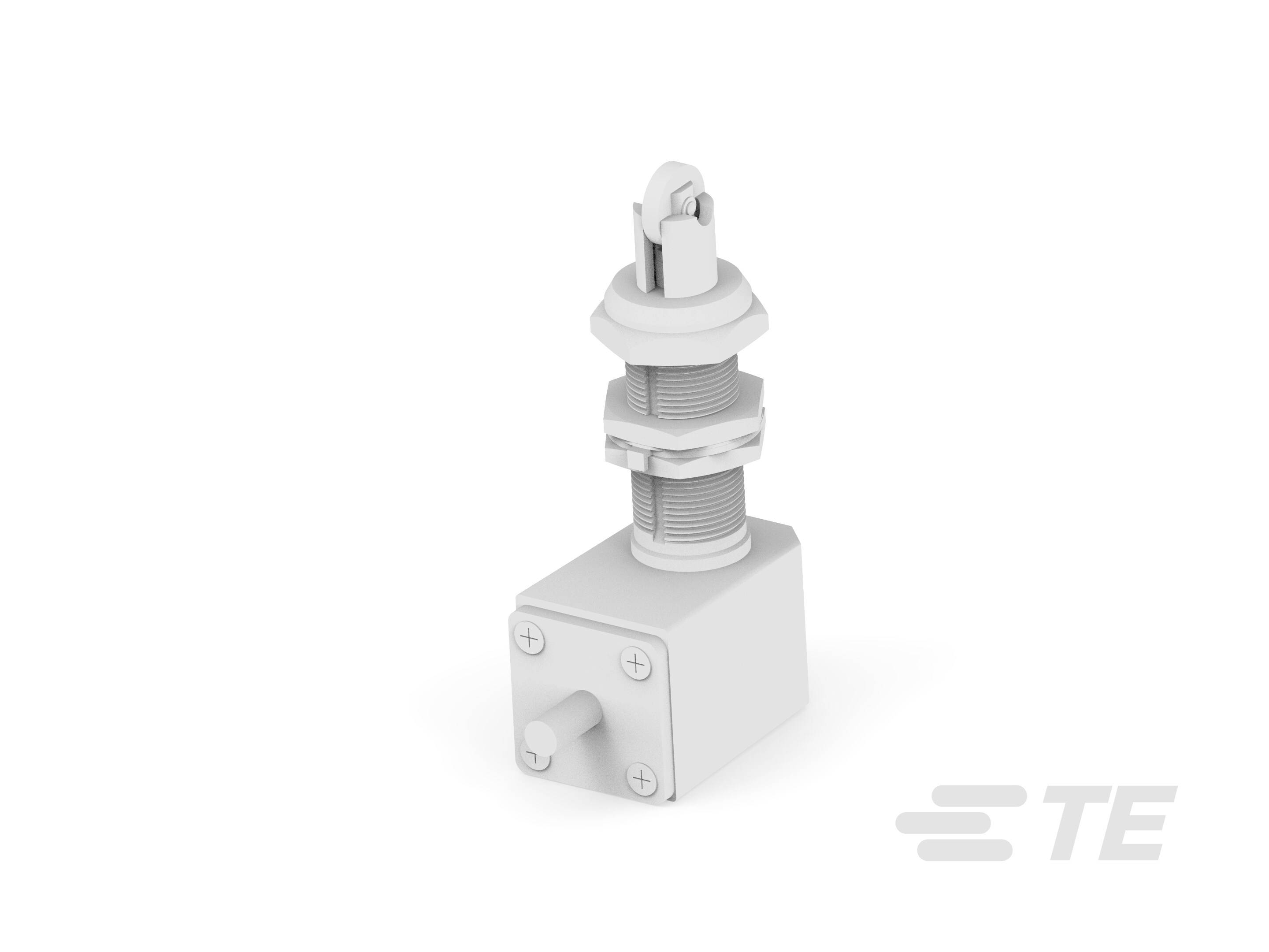 Technical component in 3D representation, consisting of a threaded screw, nuts and a rectangular base. Company logo bottom right.