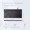 'Slim, wired ergonomic keyboard with QWERTY layout, 11.2 inches wide, 0.4 inches thick. Height 5.5 inches. Easy to carry.'