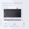 Ergonomic keyboard with QWERTY layout, compact and aluminium, measuring 285 mm x 139 mm. Lightweight and easy to transport.