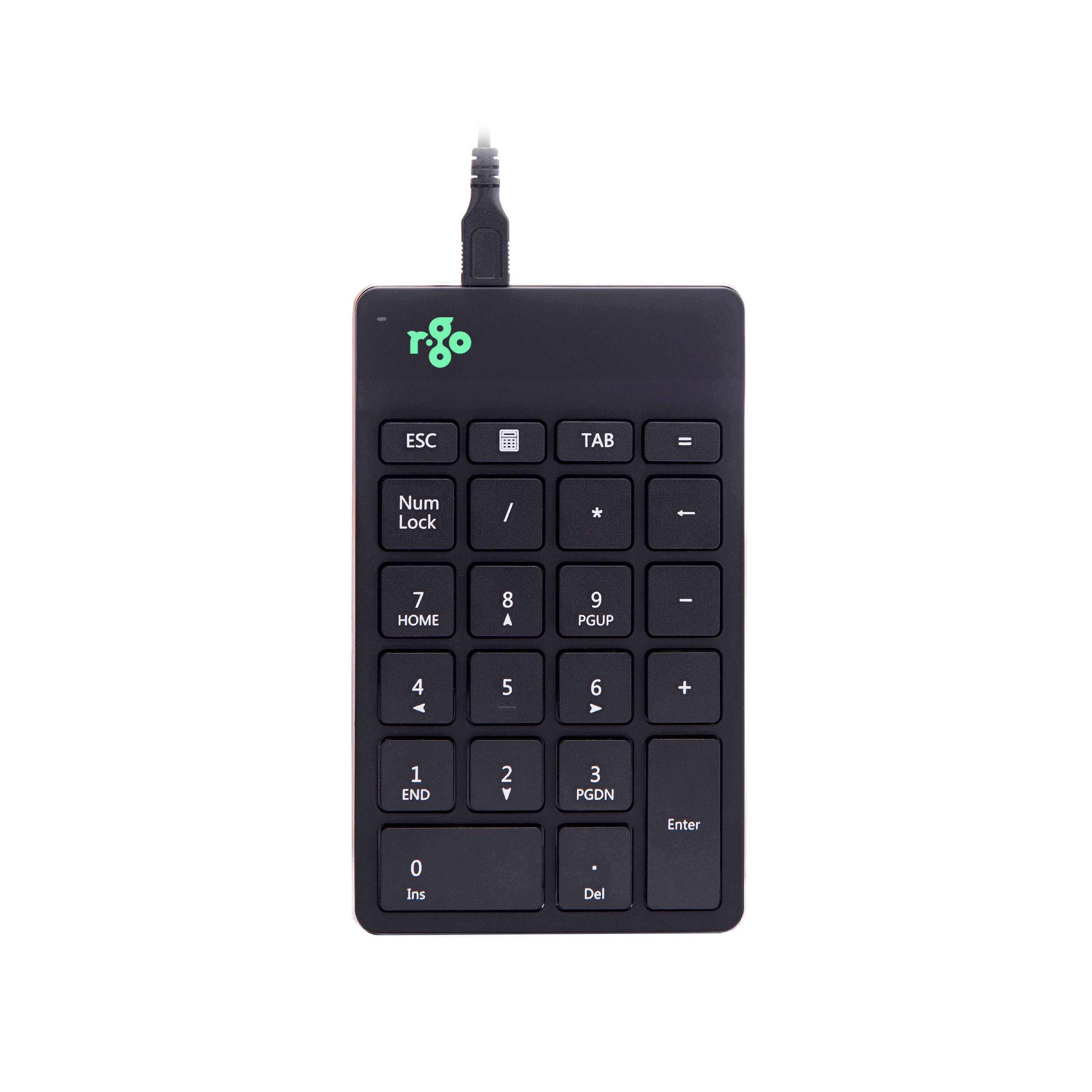 External numeric keypad with USB connection, black keys with numbers and function keys such as ESC, TAB and Enter.