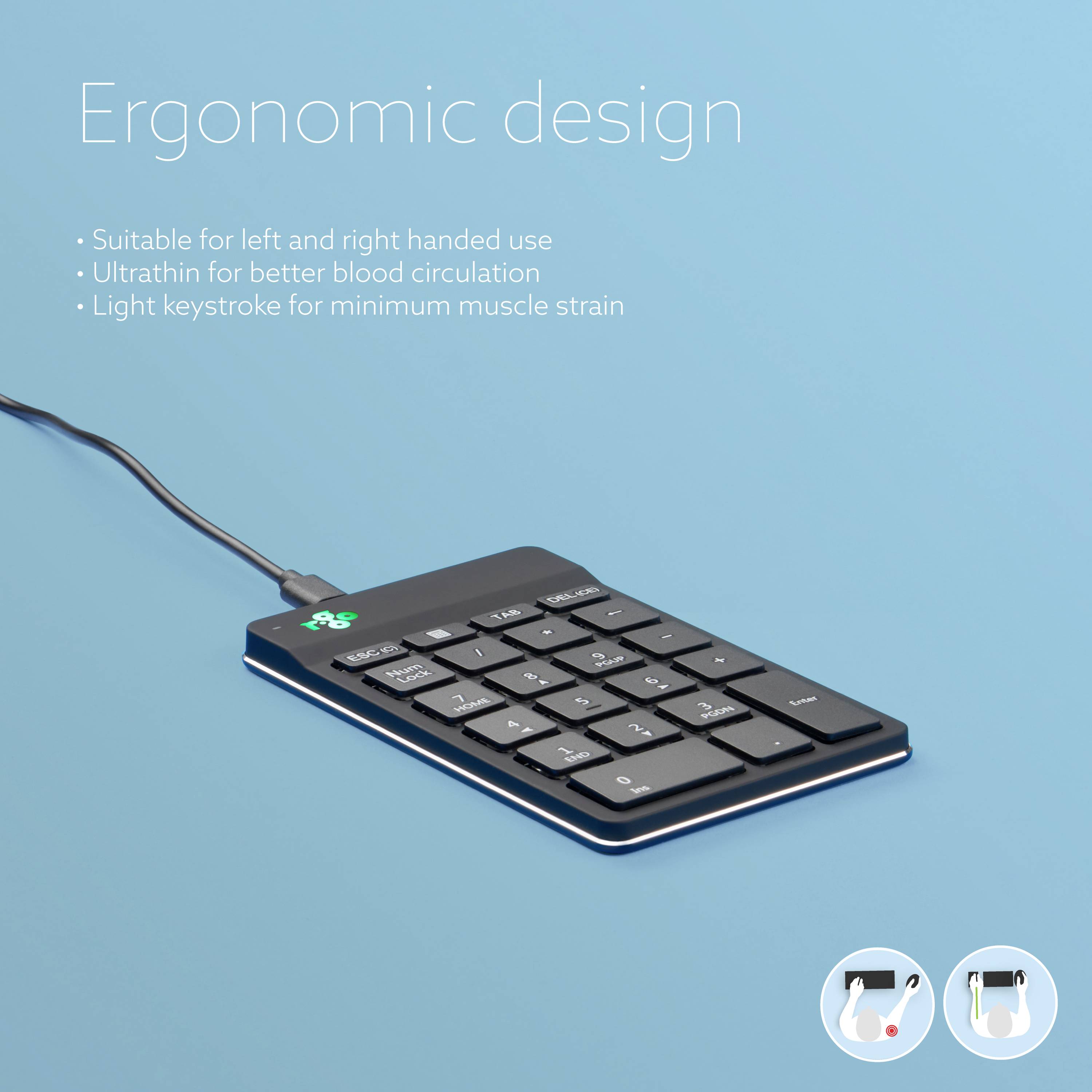 Ergonomic keyboard with cable on blue background. Text: 'Ergonomic design'. Features: for right- and left-handed users, ultra-thin, light keystrokes.