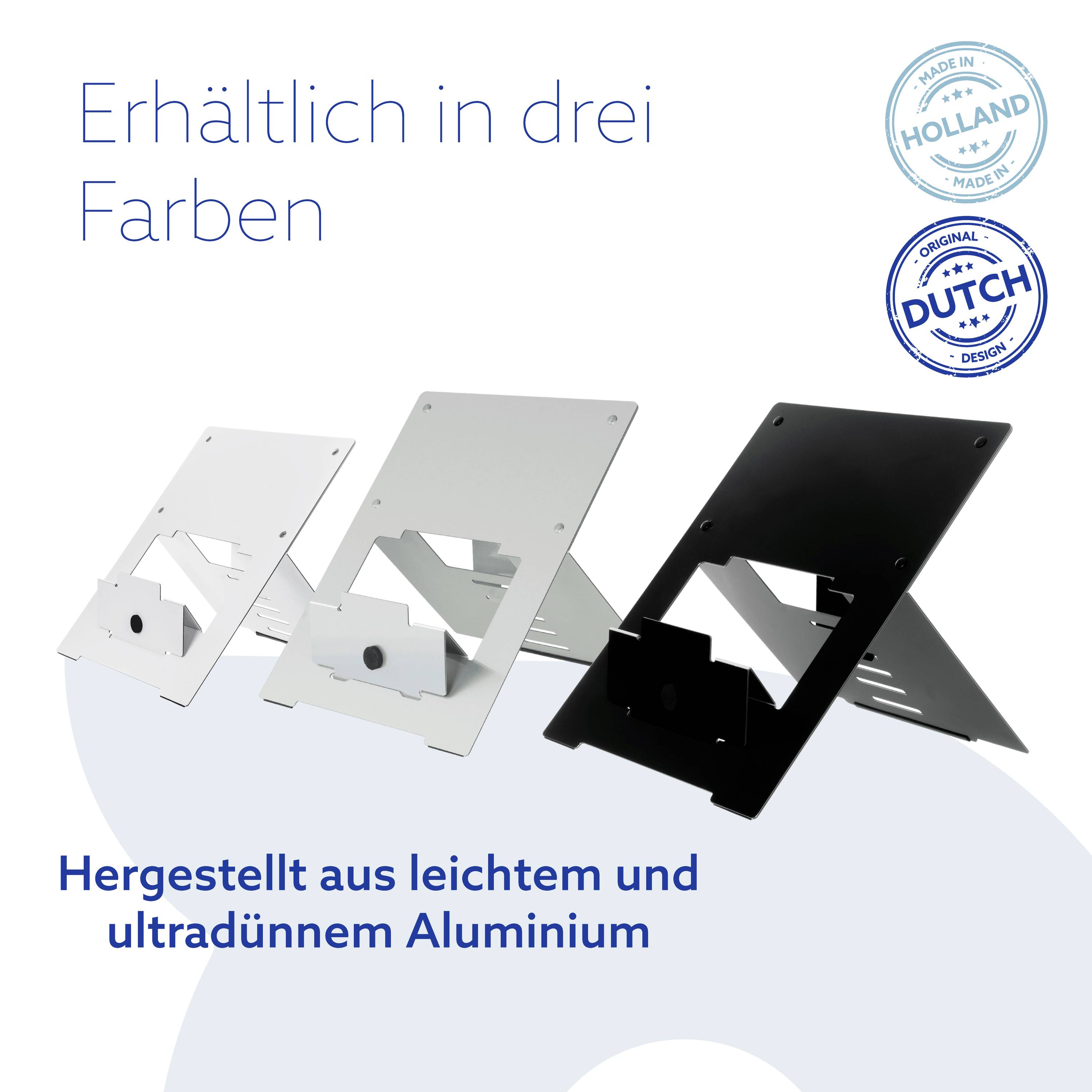 Available in three colours: white, silver, and black. Manufactured from lightweight and ultra-thin aluminium. Dutch Design.