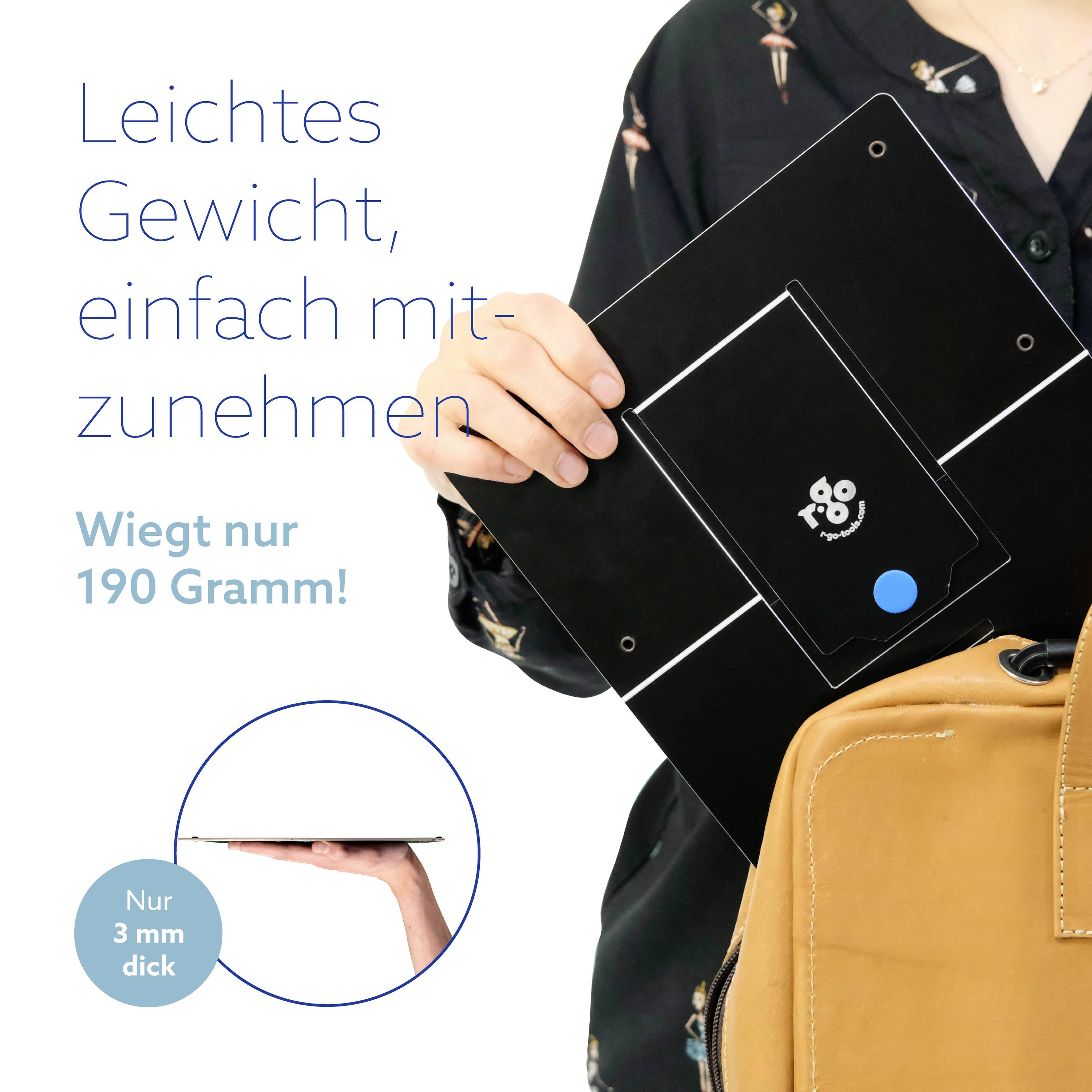 A person places a thin, lightweight tablet weighing 190 grams and with a thickness of 7 mm into a bag.