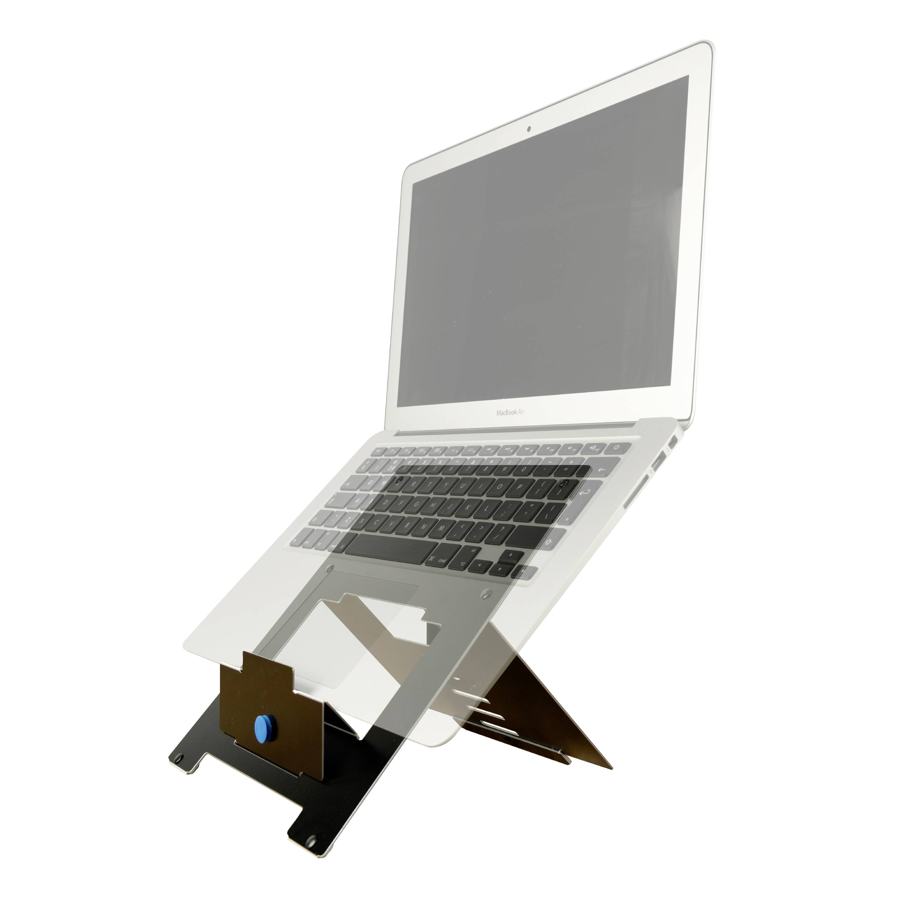 A laptop sits on a black, adjustable stand that raises the screen, thereby facilitating ergonomic working.