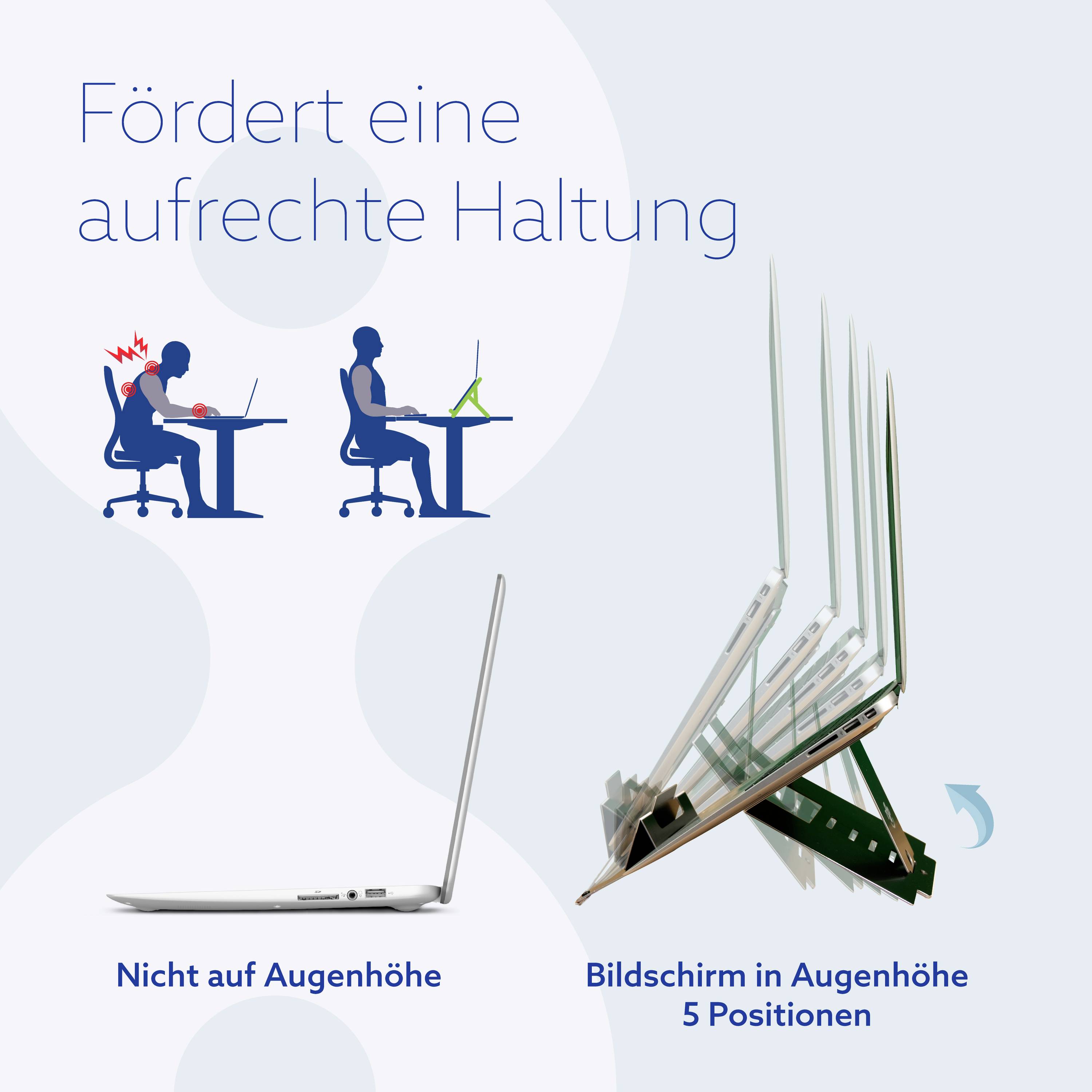 'Promotes an Upright Posture': Illustration showing incorrect body posture when working at a computer and recommending an adjustable laptop stand.