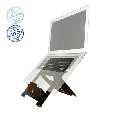Laptop is sitting on a black, height-adjustable stand. Two seals are located in the top left, displaying the text 'MADE IN HOLLAND' and 'ORIGINAL DUTCH DESIGN'.