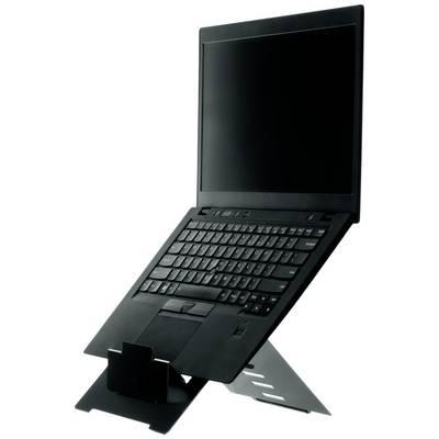 A black laptop sits on a table in an angled stand. The screen is switched on but displays no content.