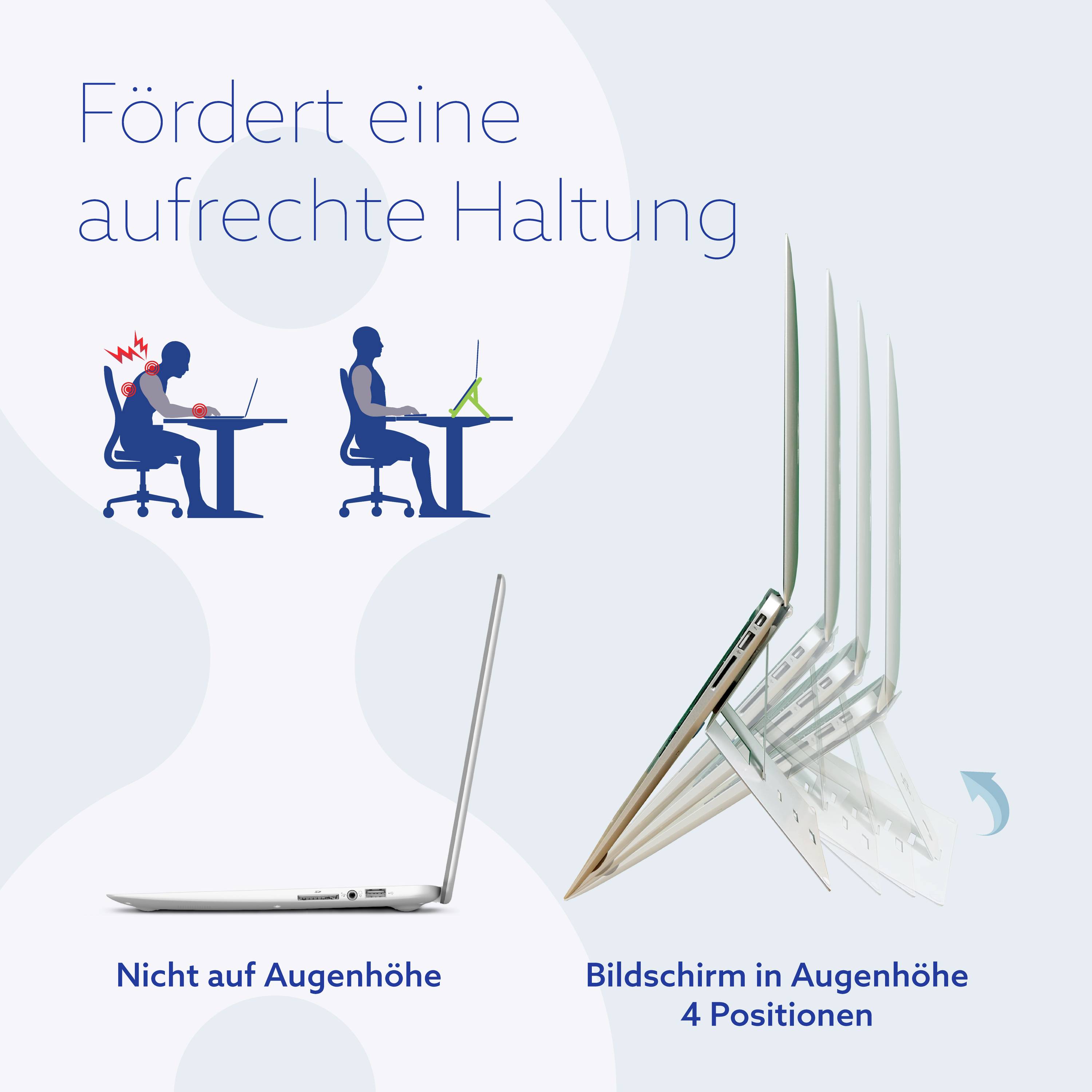 Illustration shows a person with poor posture, laptop not at eye level. Second person with straight back, screen at eye level.