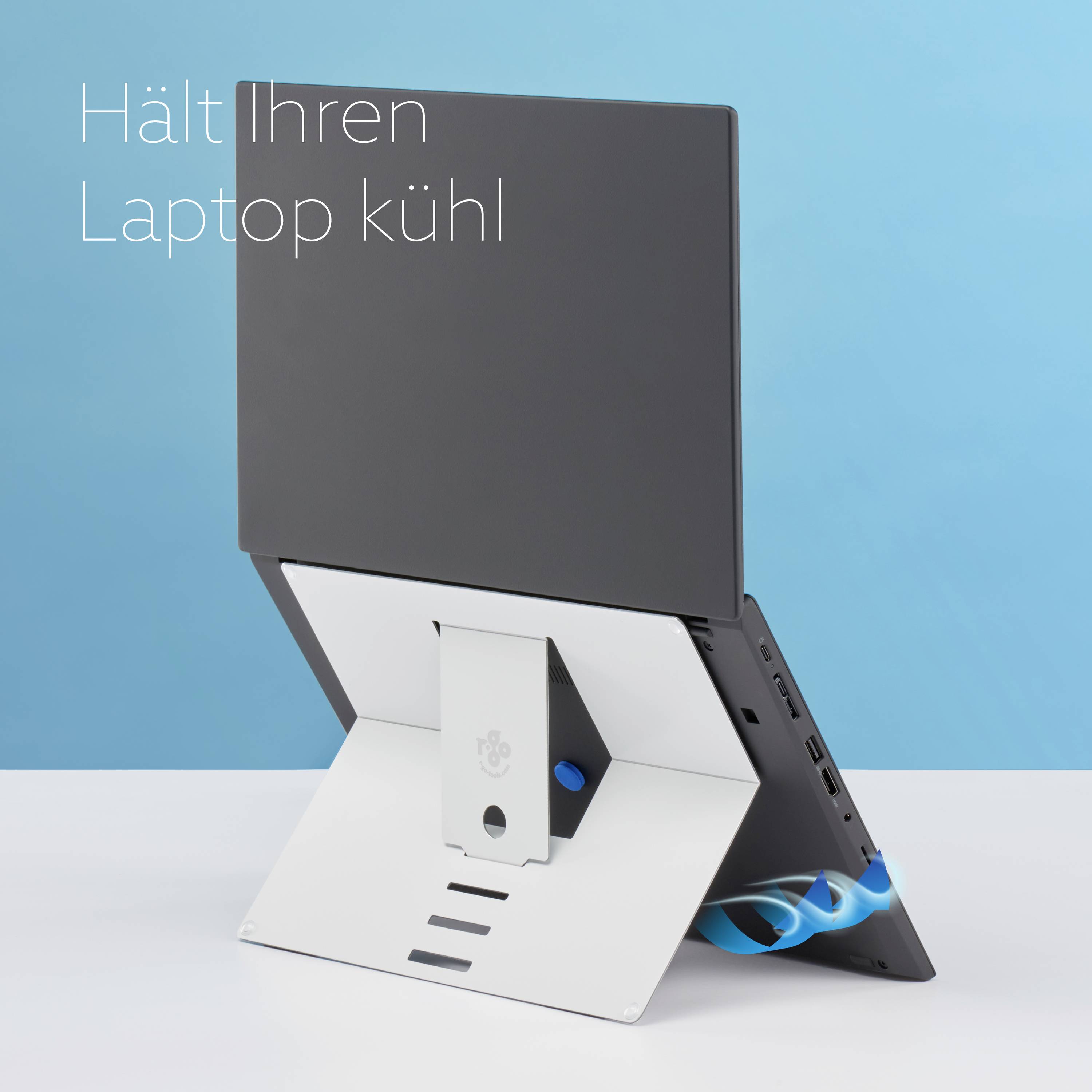 A laptop sits on a silver stand with blue accents, next to the text 'Keeps your laptop cool'.