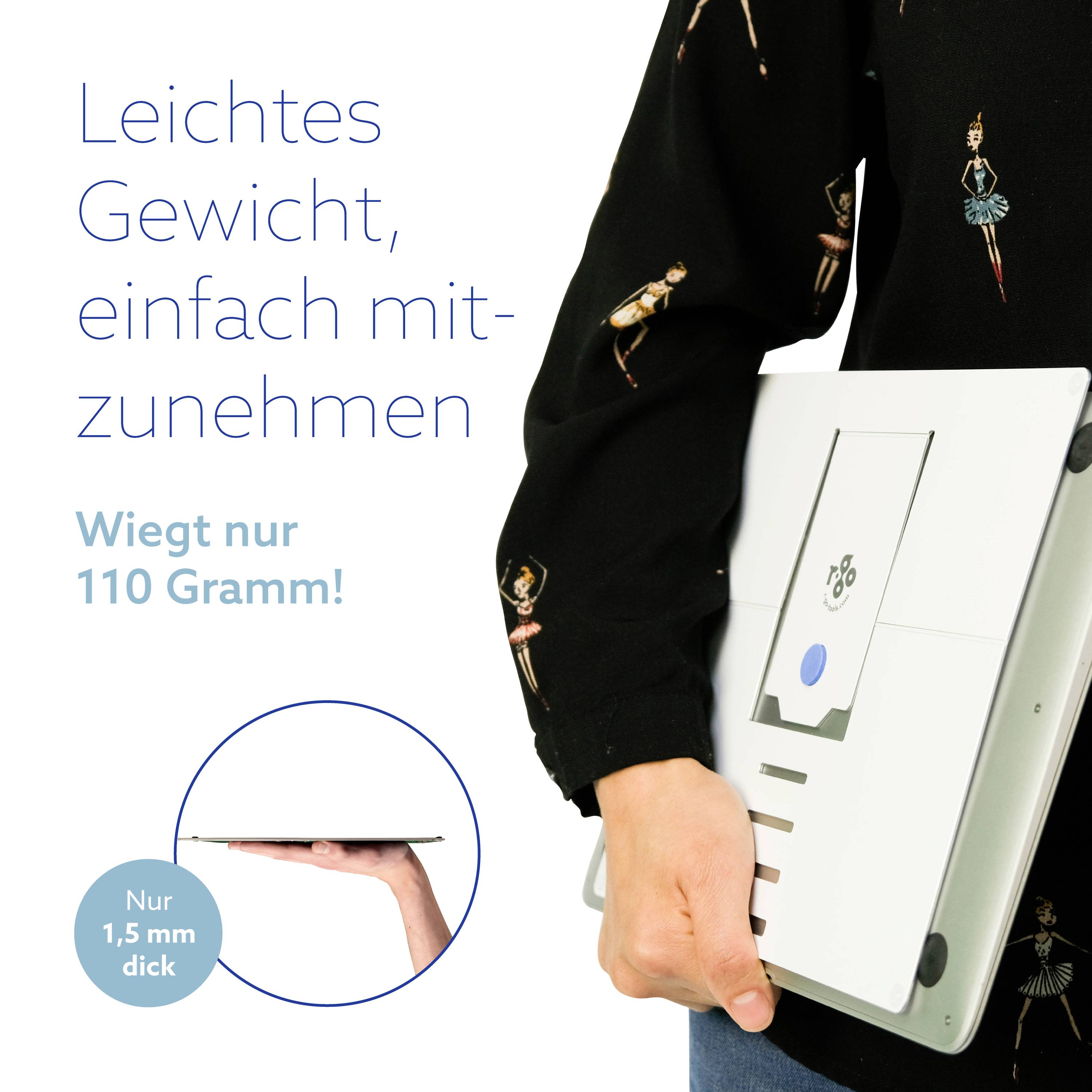 Holding a thin laptop. Text: 'Lightweight, easy to carry', 'Just 1.5 mm thick', 'weighs only 110 grams'.