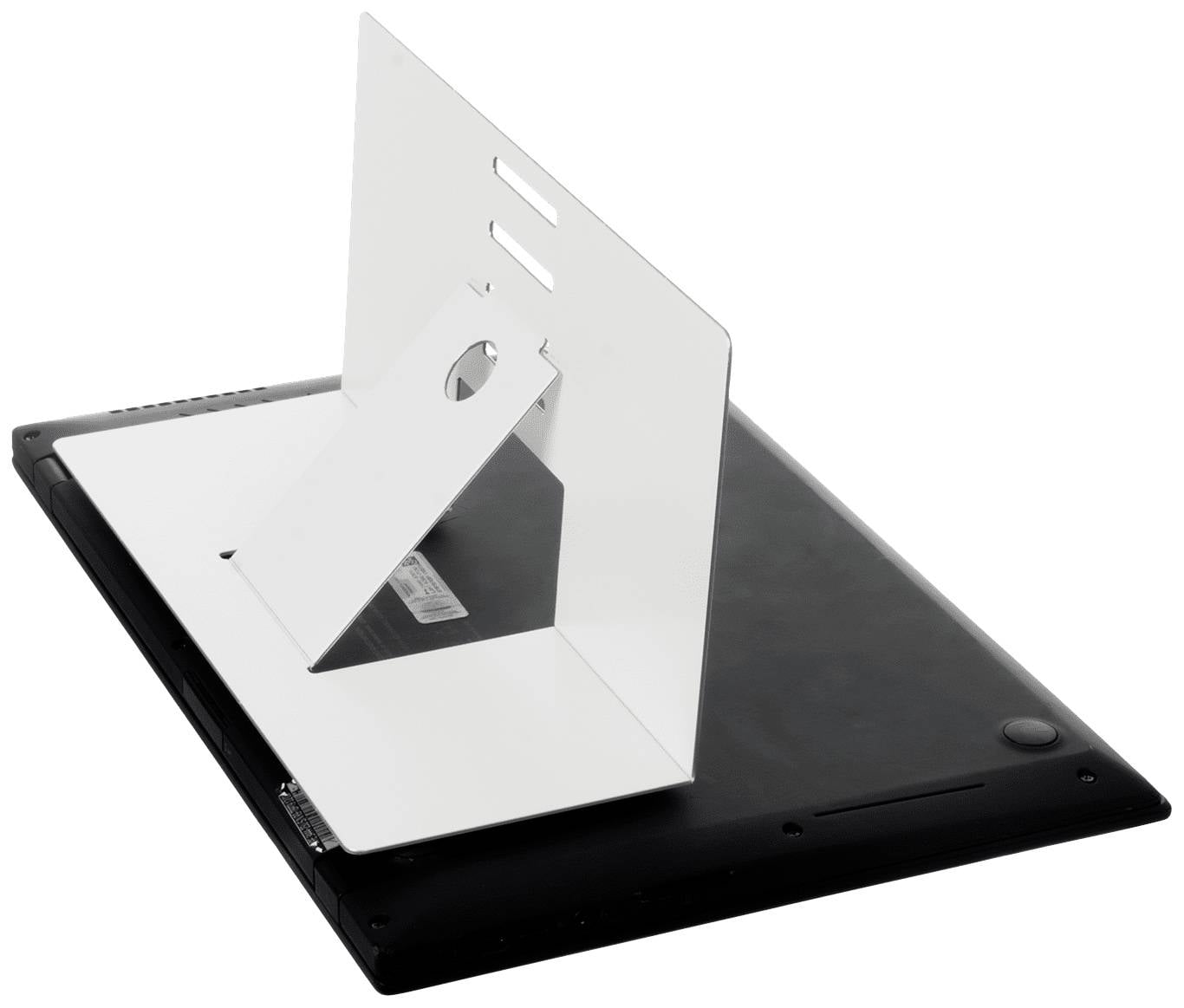 'A mobile device holder in black with a white, adjustable stand that ensures stable placement on tables.'