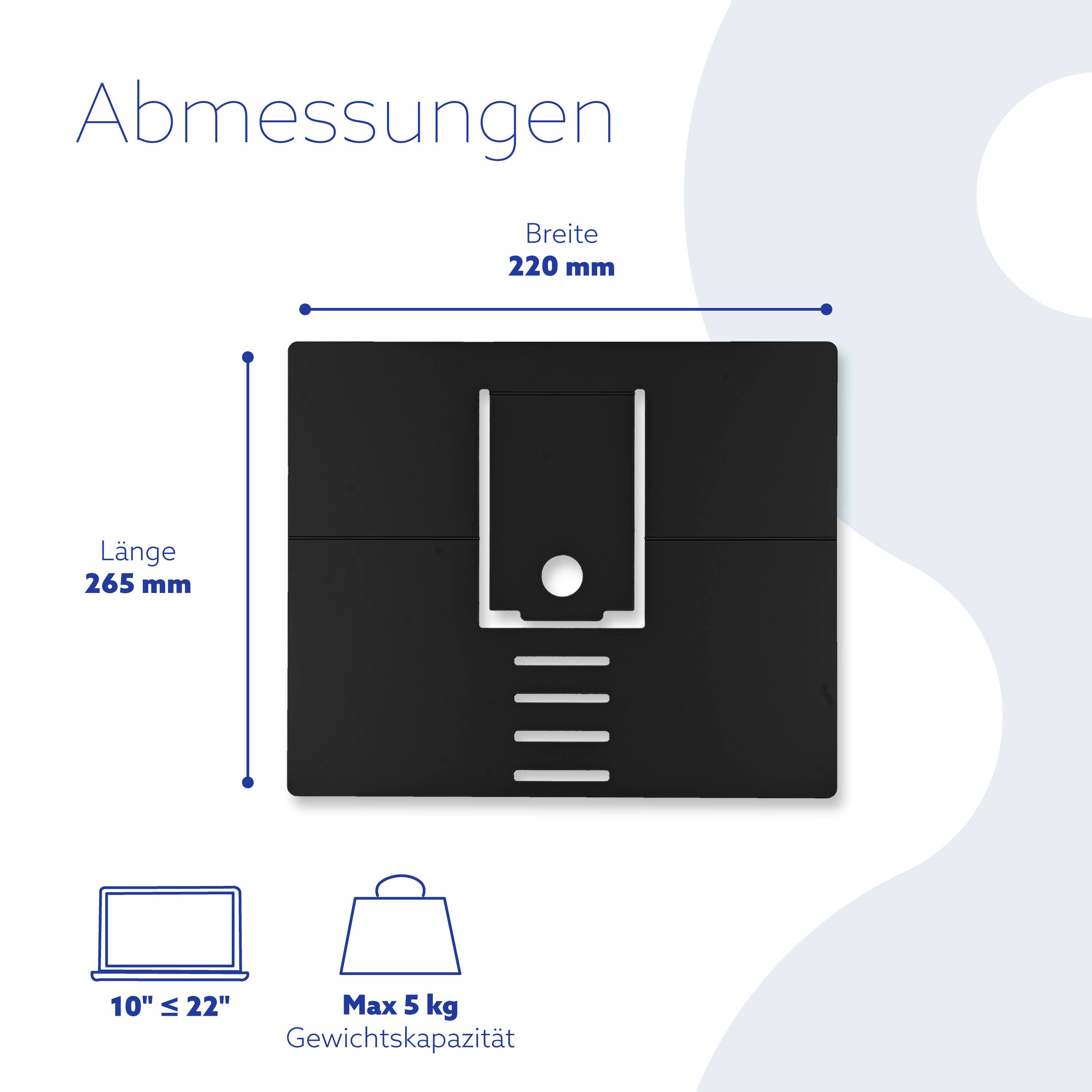 'Dimensions': Rectangular, length 265 mm, width 220 mm. Symbols: Laptop size 10" - 22", maximum load capacity 5 kg.