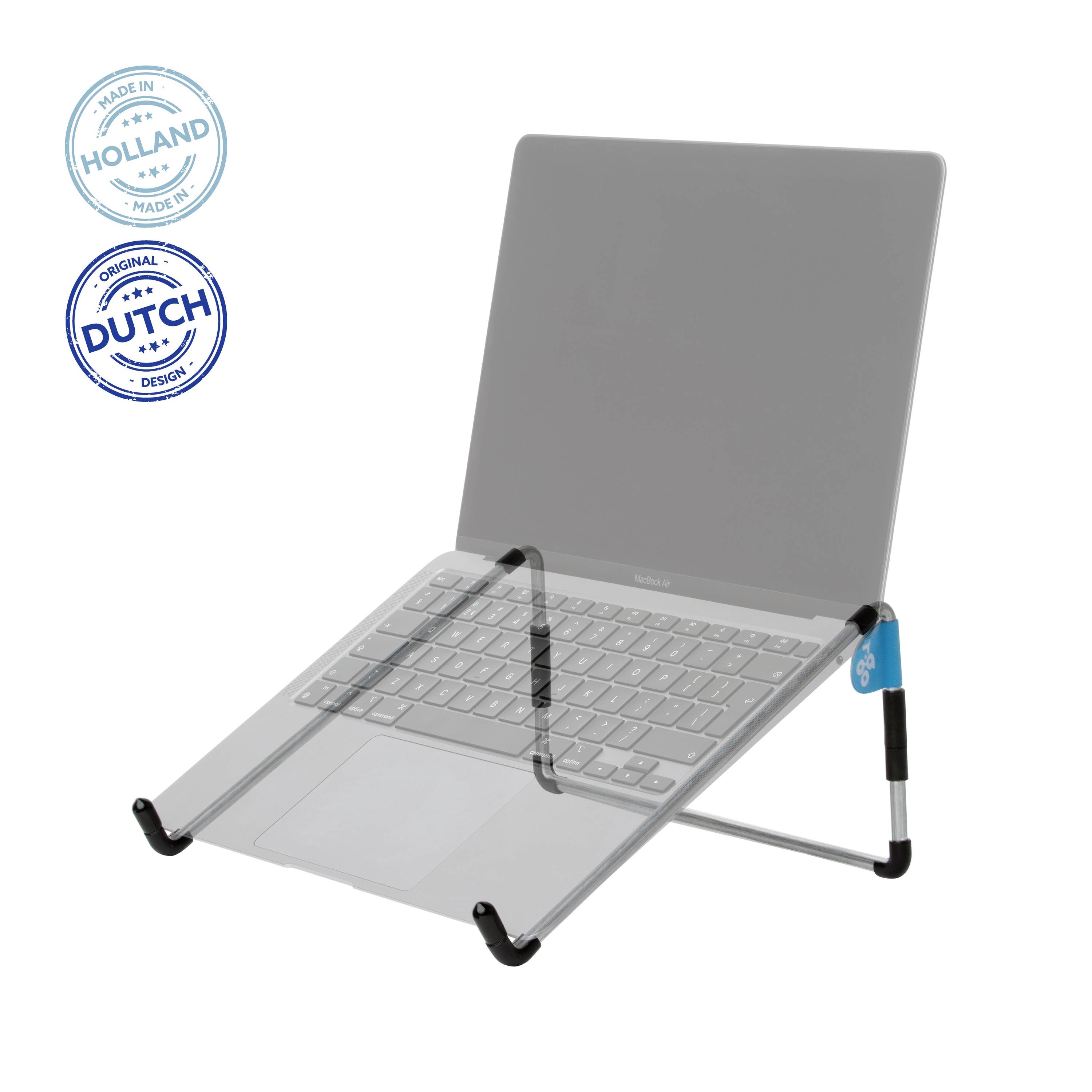 A laptop sits on a transparent stand, ensuring ergonomic support. Beside it are two logos displaying 'Made in Holland' and 'Original Dutch Design'.